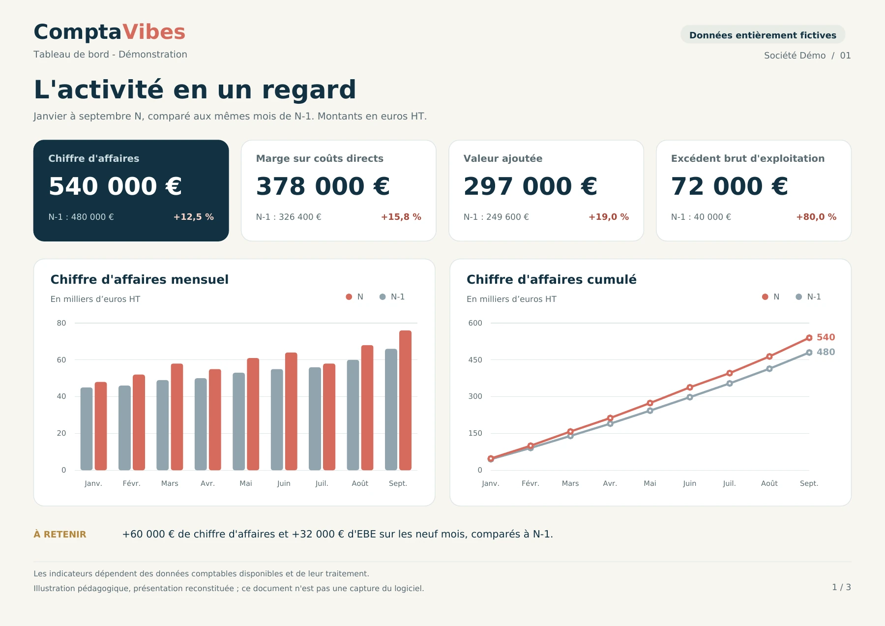 Première page du tableau de bord fictif Société Démo : indicateurs d’activité et comparaisons N/N-1