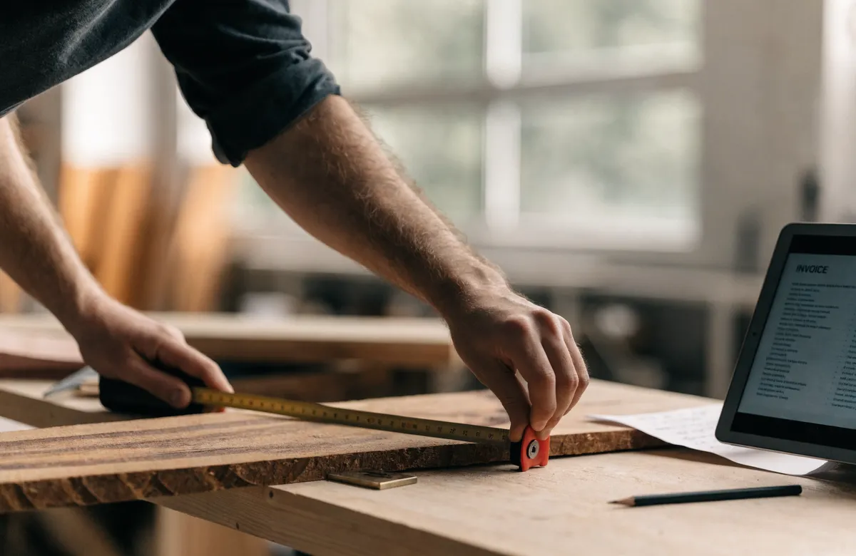 Mains d'un menuisier mesurant une planche dans son atelier